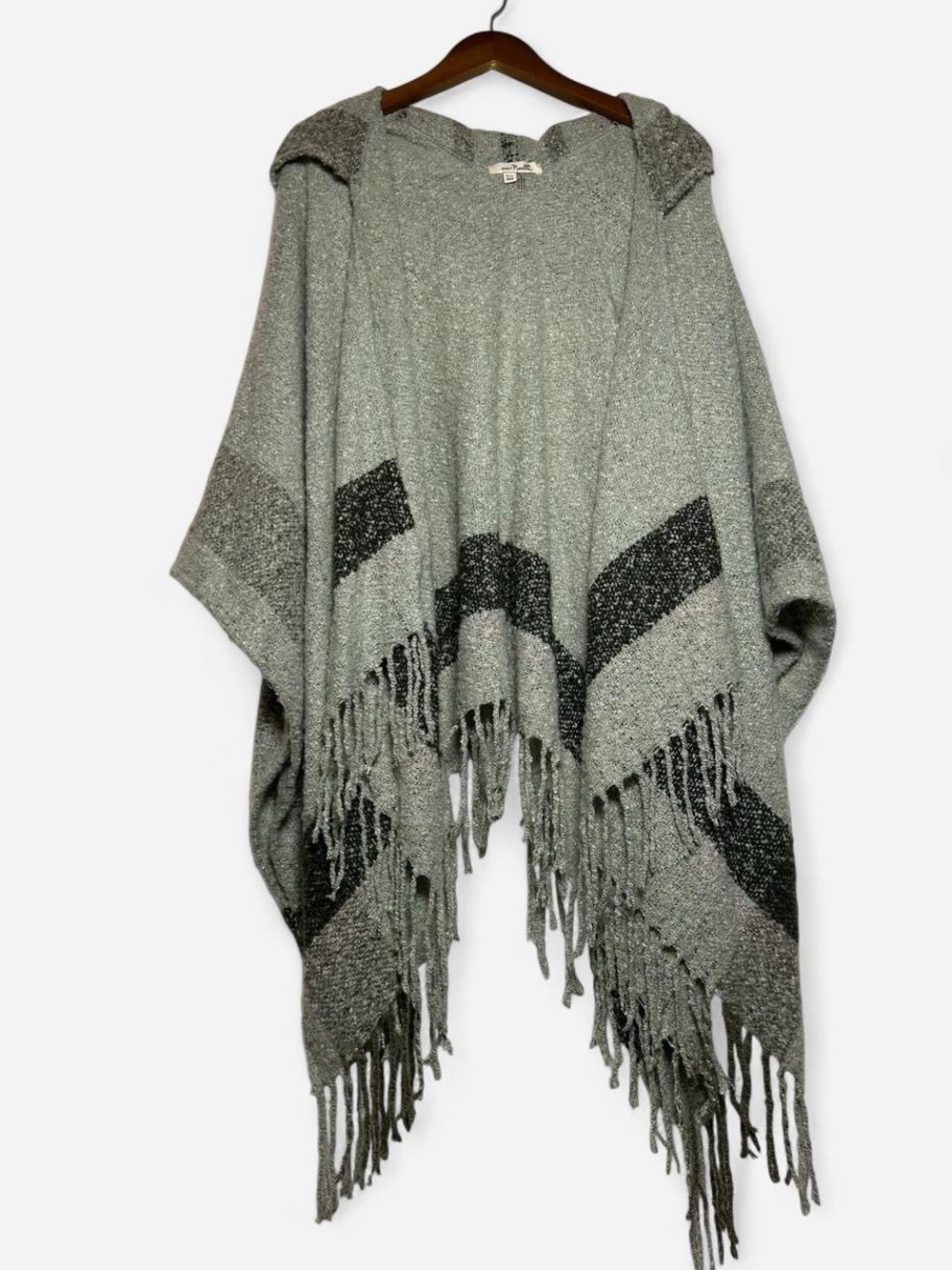 Gray/Green Fringe Hooded Poncho Sweater